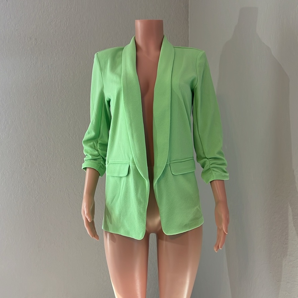 BAR lll KNIT 3/4 RUCHED SLEEVE BOYFRIEND Women's Green Blazer Jacket S NWT